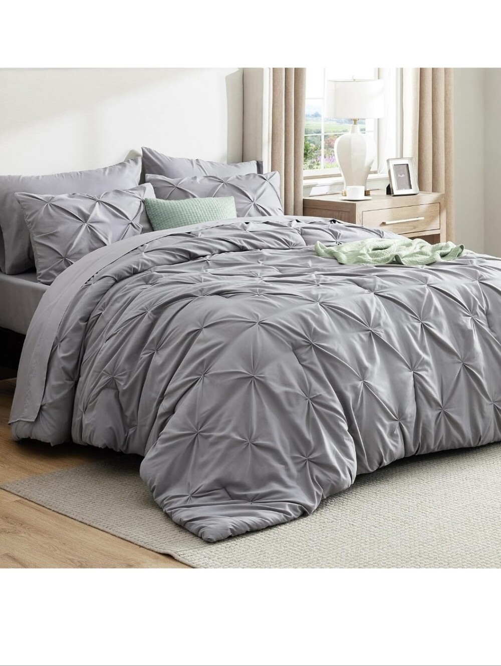Bedsure Queen Comforter Set Grey Bed in a Bag Queen 7 Pieces, Gentlesoft Pintuck